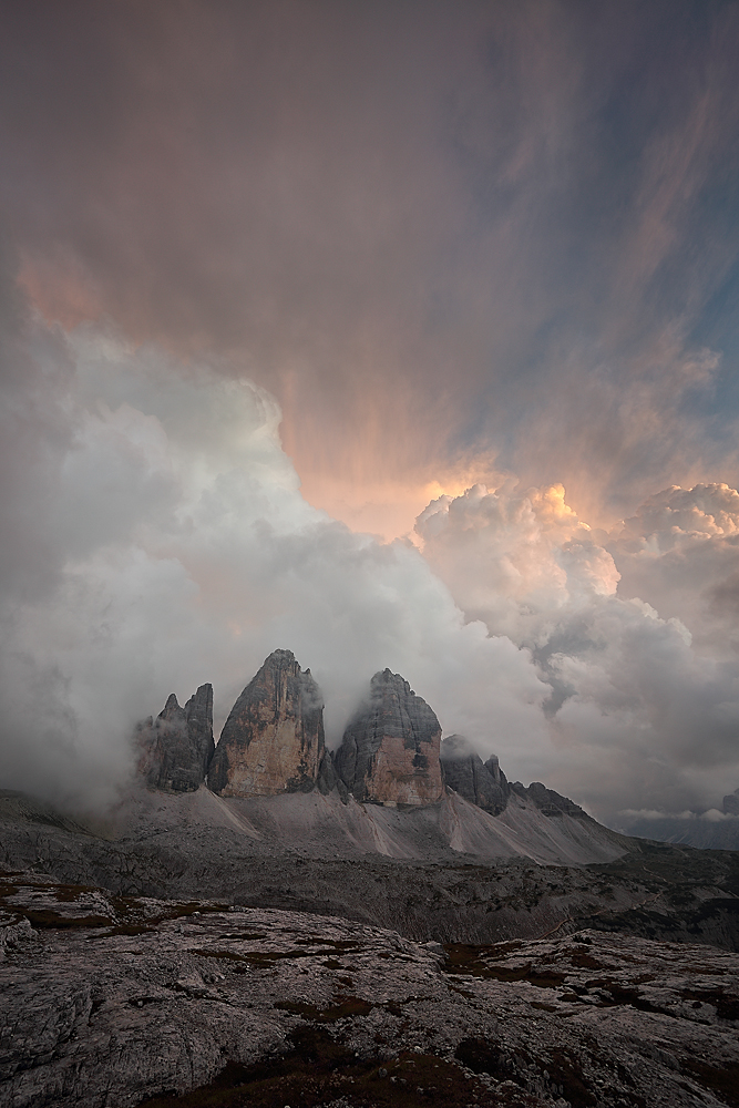 Tre Cime v oblacích